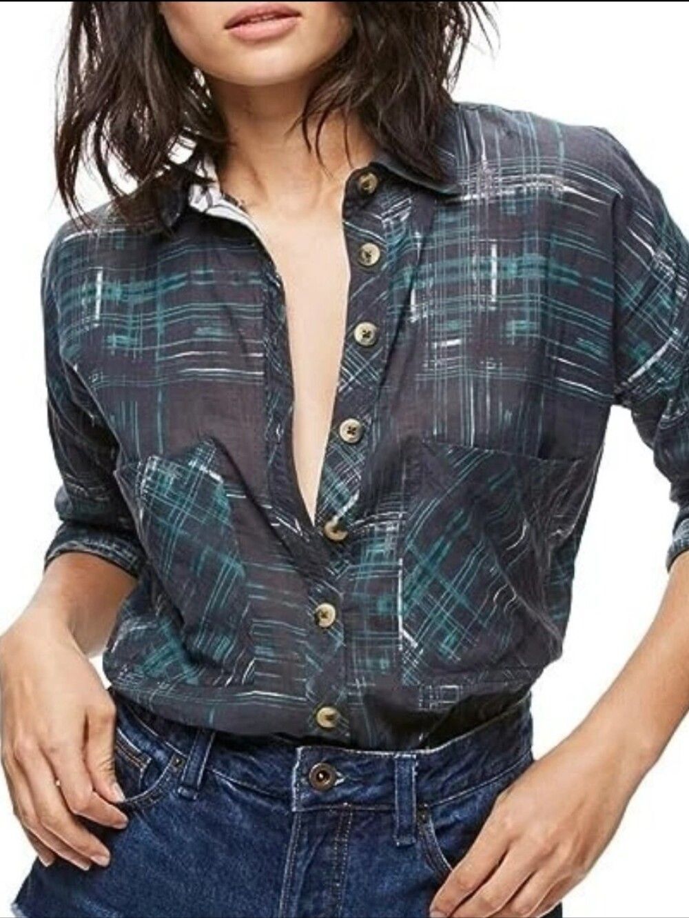 Free People Shore Vibes Button Up Shirt Sz XS